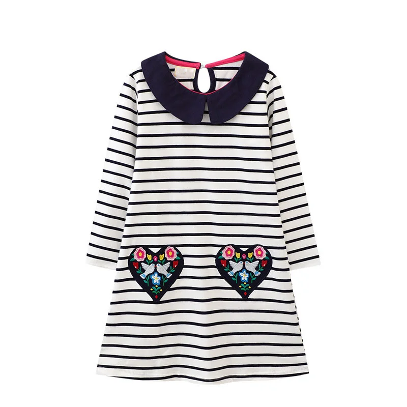

Jumping Meters 2-7T Princess Girls Dresses For Autumn Spring Striped Collar Embroidery Toddler Kids Costume Baby Frocks Party