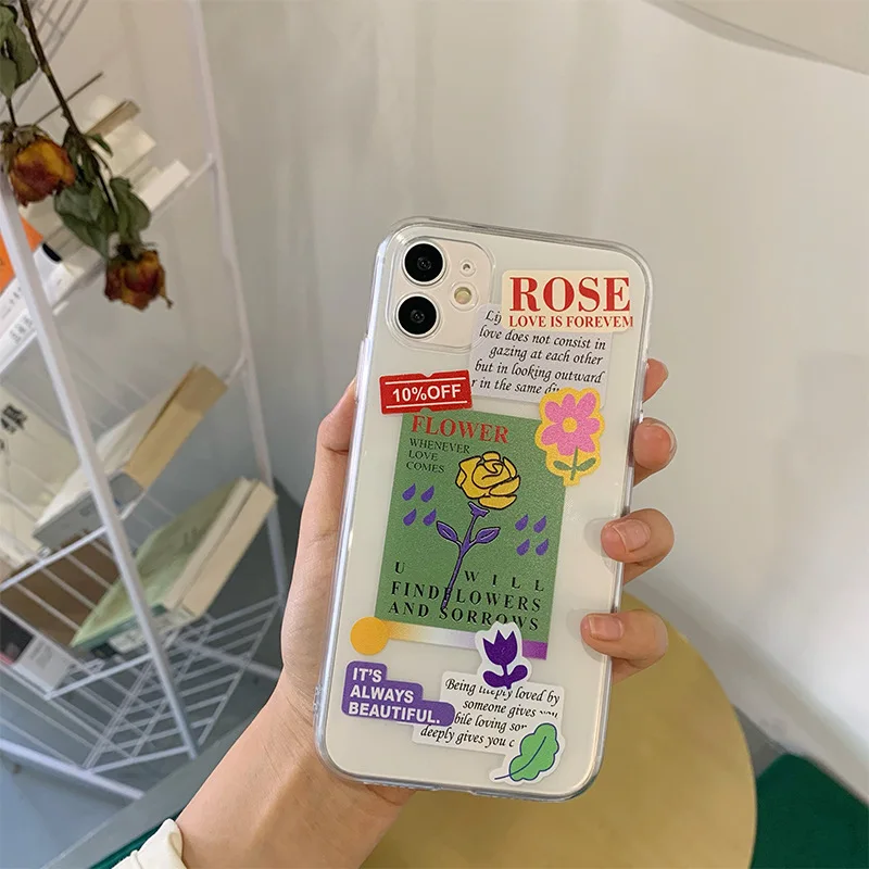 

Original Flower Labels Phone Case For Iphone Tansparent TPU Rose Phone Case For iphone 13 12 11 Pro X XR XS Max Protection Case