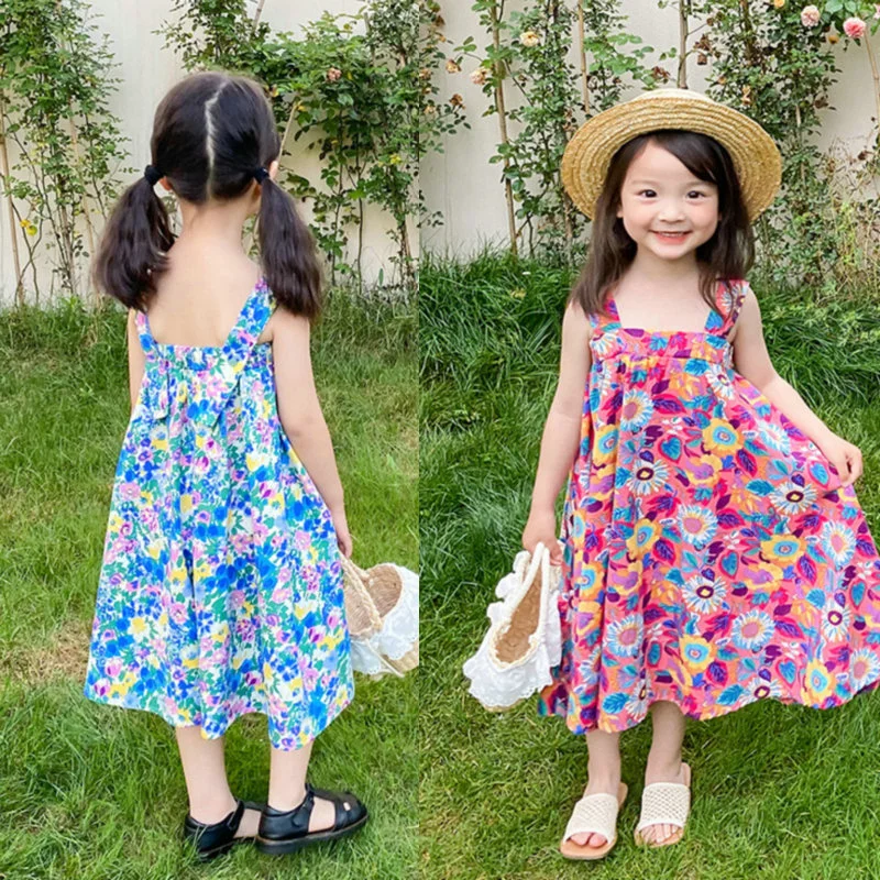 

Girls Skirt Flower Adjustable Suspender One-piece Princess 22 Summer New Wear Children Clothing Little Dress Elegant Kids Frocks