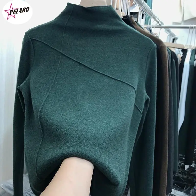 

2023 Long Sleeve Thick T Shirt Women Winter Tops Turtleneck Warm T-Shirt Korean Cotton Tshirt Woman Tee Shirt Femme Pink Blue