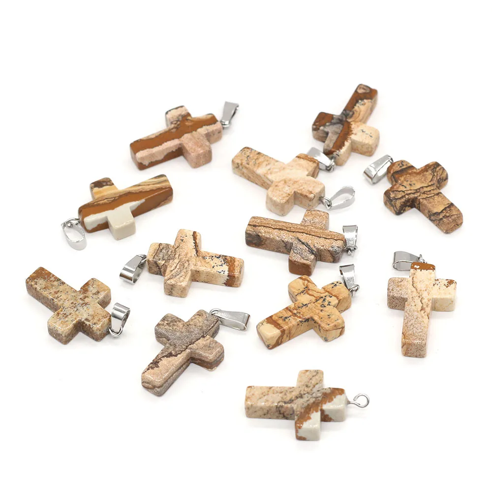 

Cross Pendant Picture Stone Natural DIY Ore Crafts Jewelry Making DIY Necklace Earring Accessories Gifts Wholesale Free Shipping