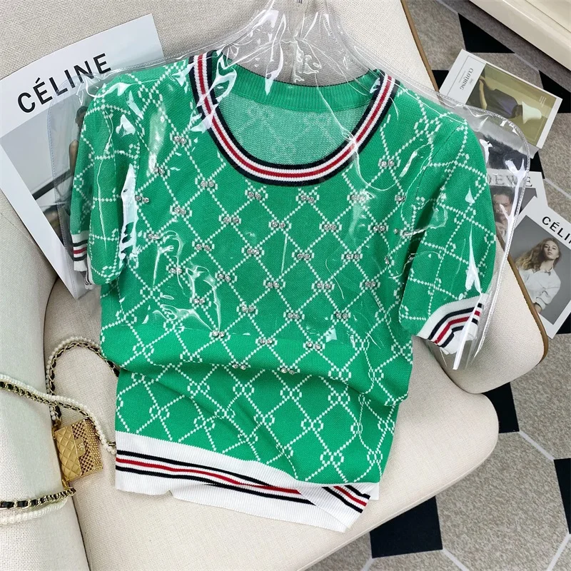 

Summer Loose Knit Sweater T Shirt for Women Tees Korean Pullover Round Neck Geometric Clash Jacquard Casual Knitwear Tops Jumper