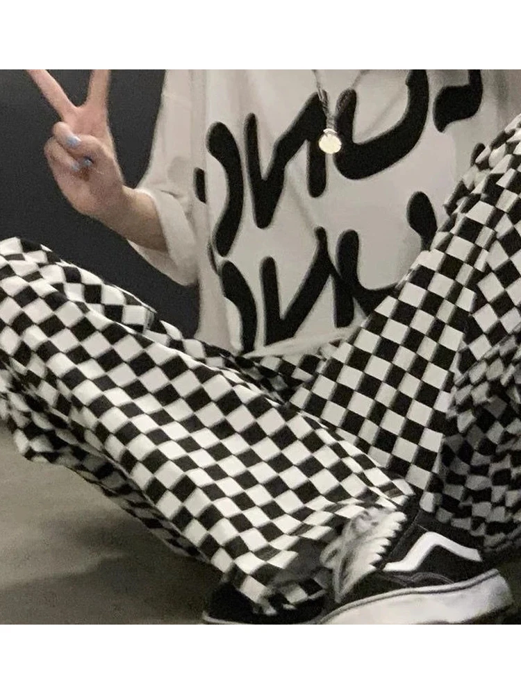 Женские широкие брюки в клетку HOUZHOU черные и белые Корейском стиле Харадзюку