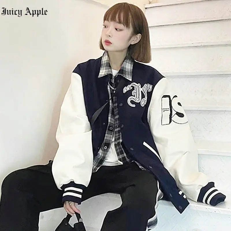 

Juciy Apple Bomber Woman Varsity Jacket Oversize Bombers For Girls Long Sleeve American University Baseball Jacket Winter Coat