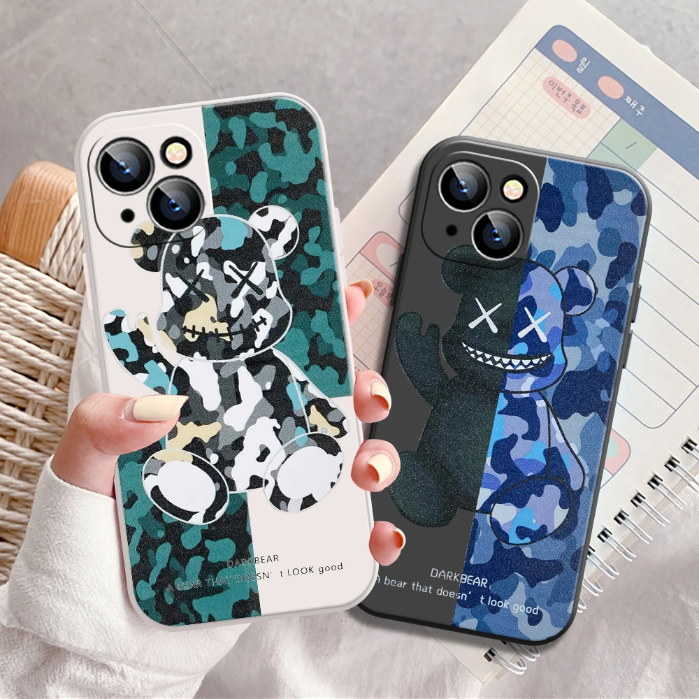 

Phone Case For iPhone 11 12 Pro MAX Mini 13 Pro MAX 6 6S 7 8 Plus X XS MAX XR SE 2020 Army Bear Cartoon Liquid Silicone Cover