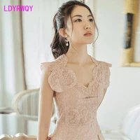 2022 temperament hollow lace pink french sweet dress office lady chiffon zippers knee length