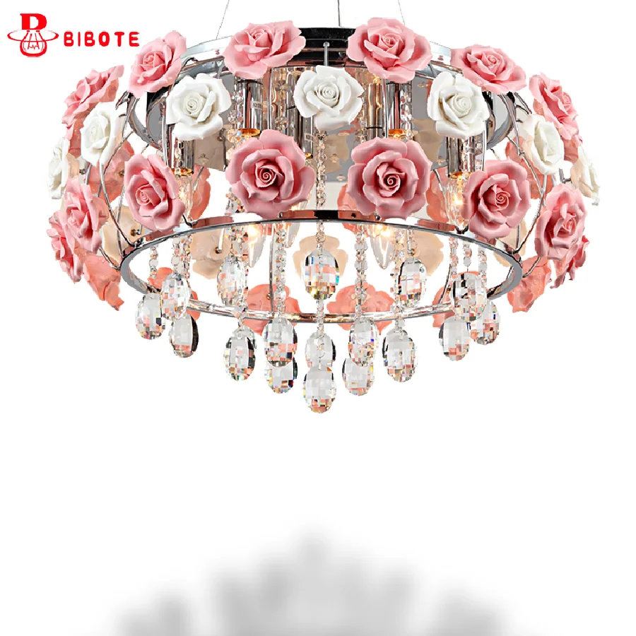 

Modern Led Crystal Chandelier Lighting Ceramics Rose Flower Style Chandeliers Ceiling For Living Room Bedroom With E14 Led Bulbs