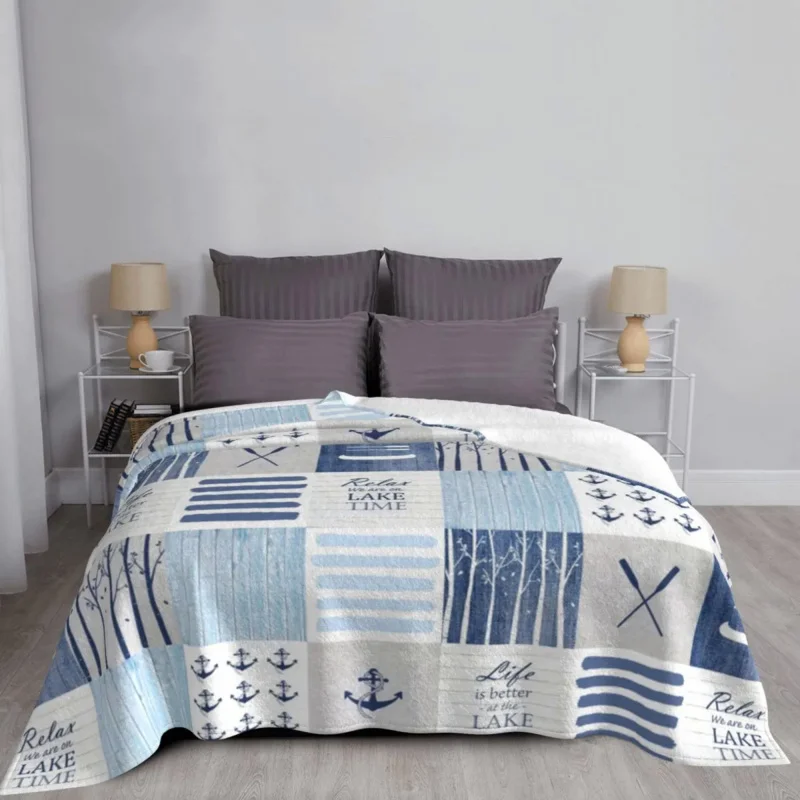 

Life Is Better At The Lake Patchwork Anchor Blankets Flannel All Season Nautical Soft Throw Blanket for Home Car Quilt