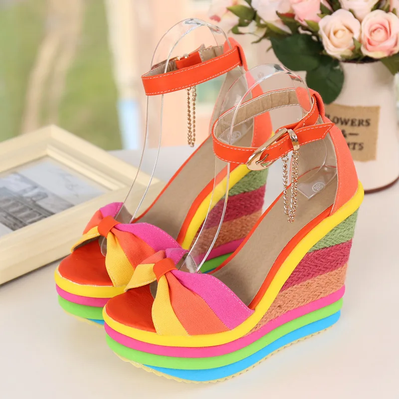 

2022 comemore Summer New Wedges Sandals For Women Platform Rainbow Shoes Bowknot Clogs high heels Female Metal chain Ladies Shoe