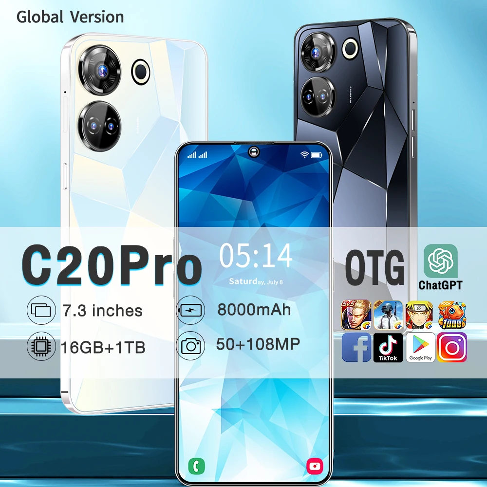

Смартфон C20 Pro, 7,3 дюйма, HD 4G/телефон, 50 + 108 МП, 8000 мА · ч, Android 120, две Sim-карты, Гц