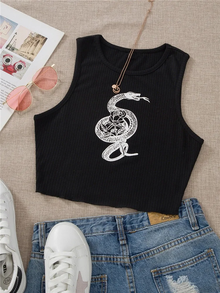 

Женский топ со змеиным цветочным принтом Y2K, летний черный укороченный топ без рукавов в стиле Хай-стрит, вязаная футболка в стиле Харадзюку ...