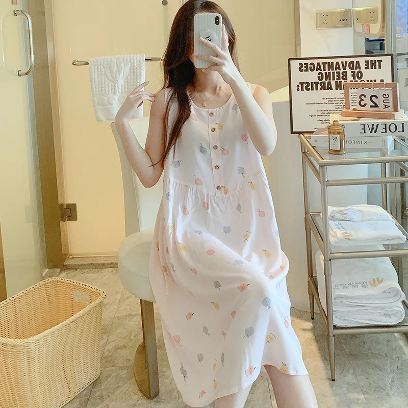 Summer Women's Tank Top Button Sleeping Dresses Thin Sleeveless Spaghetti Straps Floral Print Sleepwear Length To The Shank