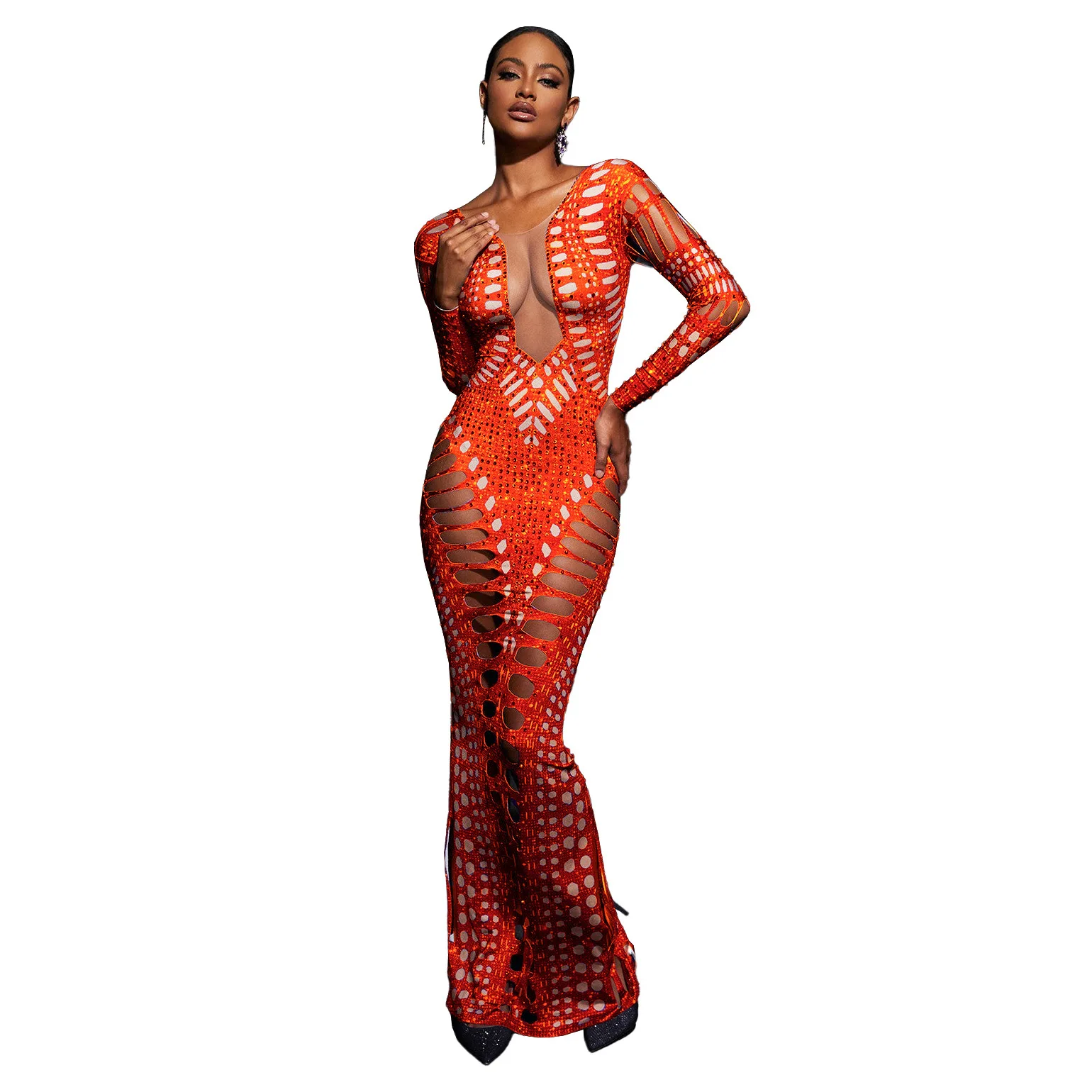 

Женское платье с длинным рукавом, длинное облегающее платье в пол, с разрезом сзади