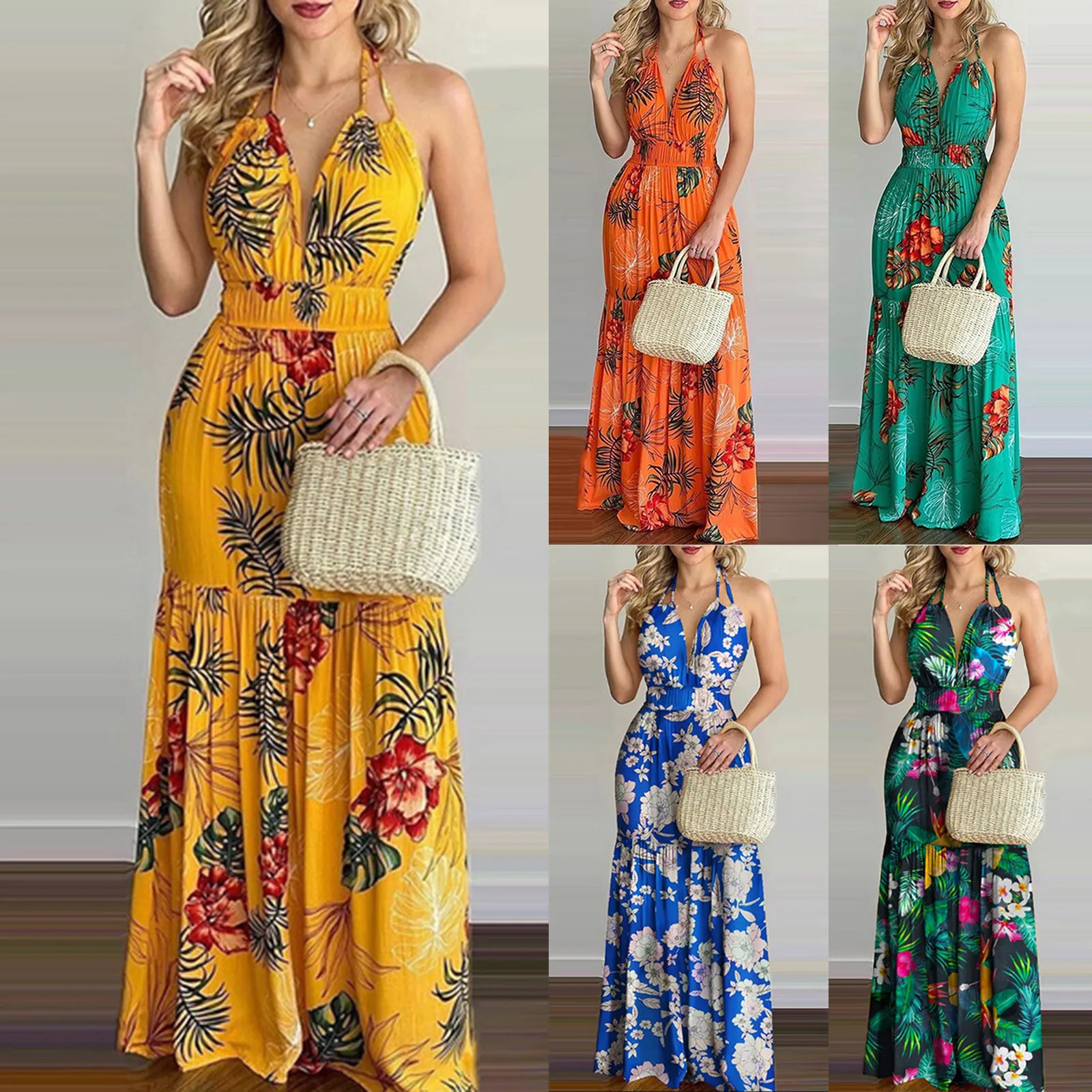 

Summer Long Dress Bohemia Floral Casual Dresses Sexy Backless Halter Strapless 2023 Beach Sundress Vacation Clothes For Women