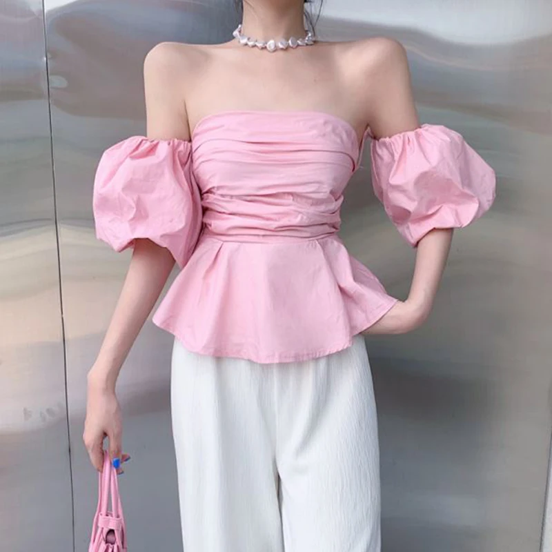 Женская летняя шифоновая блузка с открытыми плечами Свободный пуловер цветочным