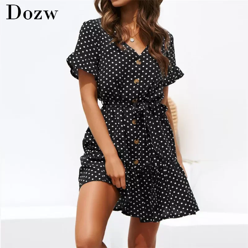 

Summer Chiffon Dress Polka Dot Boho Beach Dress Vintage Ruffles Short Sleeve A-Line Party Mini Dress Sundress Vestidos