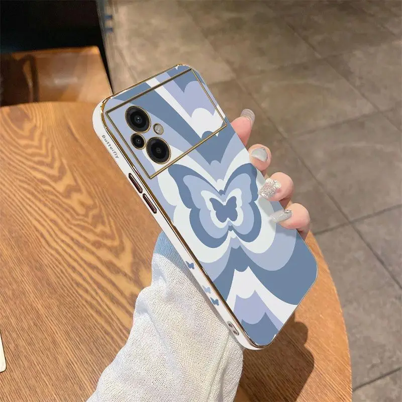 Blue Gradient Butterfly Luxury Plating Phone Case For Xiaomi Poco M5 F4 F4 GT X4 X4 GT M4 Pro F3 X3 M3 X3 NFC X3 Pro C40 Cover