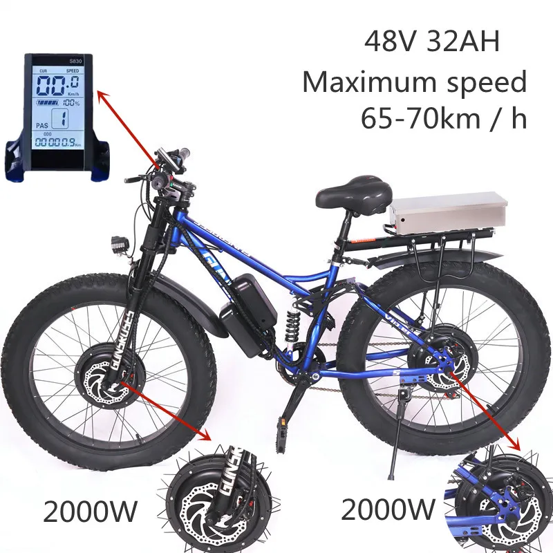 

Fat bicycle electric bicycle 2000W * 2 front and rear double drive bicycle 32ah outdoor mountain bike men's 4.0 fat tire eBike e