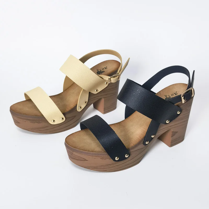 

Women's Sandals Rivet PU Wooden Soft Leather Comfort Platform Sandal Chunky Daily High Heels Sandals Woman Summer 2022