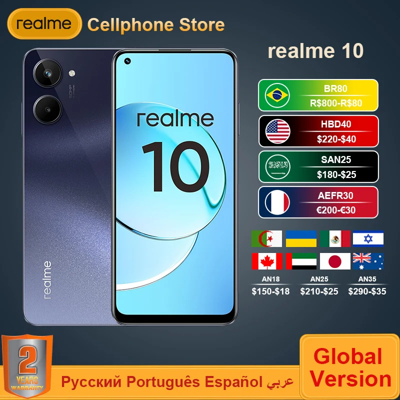 Global Version realme 10 Mobile Phone Helio G99 50MP AI Camera 6.4'' AMOLED Display 5000mAh Battery 33W Charge NFC Smartphone