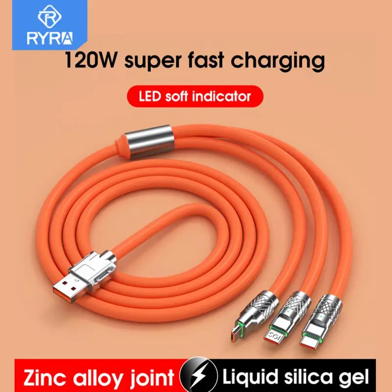 

RYRA 6A 3 In 1 Data Cable 120W Super Fast Charging Cable Zinc Alloy Micro USB Type-C Data Cable For IPhone Samsung Xiaomi Huawei