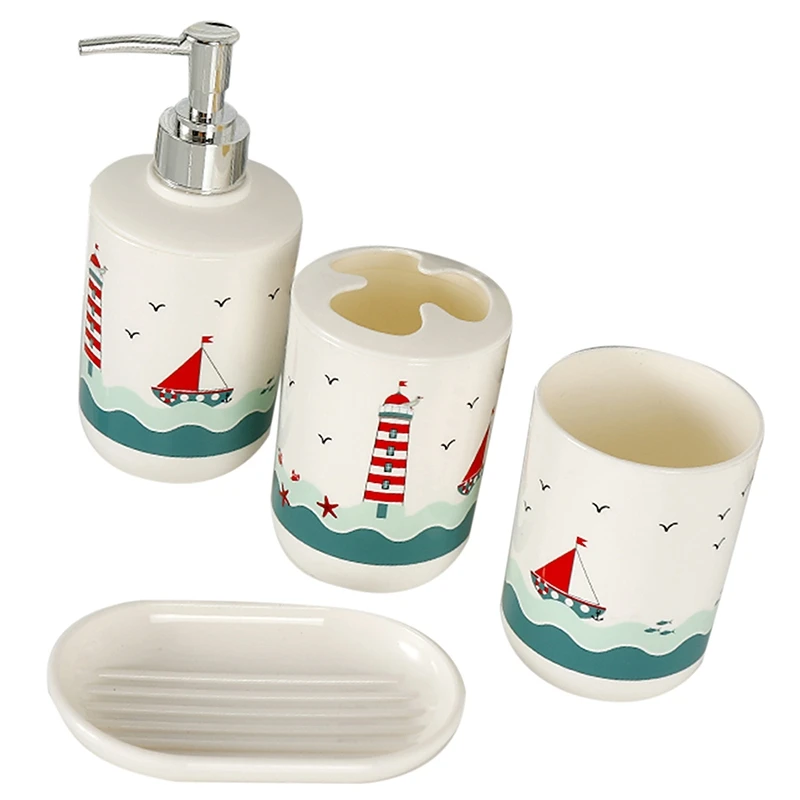 

4Pcs/Set Printing Bathroom Accessory Set Household Decor Lotion Dispenser Mouthwash Cup Soap Dish Set