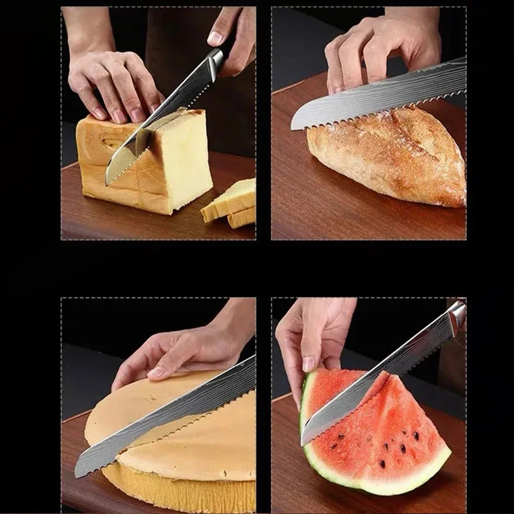 Laser Damascus Kitchen Knives Stainless Steel Balde Japanese Knife Fish Filleting Cleaver Meat Bread Slicing Chef Set