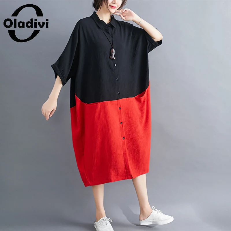 

Oladivi Женская одежда оверсайз, повседневное свободное лоскутное платье из хлопка и льна с коротким рукавом, 2022 летние платья-миди, платья 8938