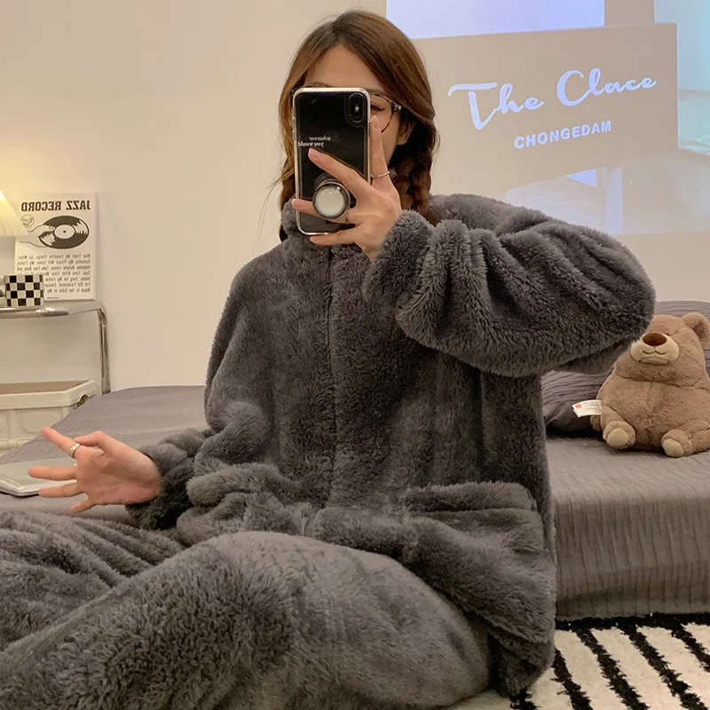 M-XXL осенне-зимняя пижама-кардиган на молнии женский однотонный комплект