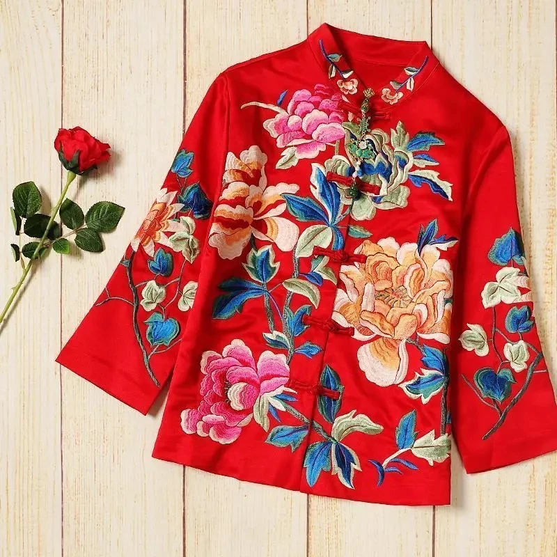 

Женская винтажная куртка Тан с цветочной вышивкой, однобортная Свободная верхняя одежда в китайском стиле с длинным рукавом и воротником-стойкой