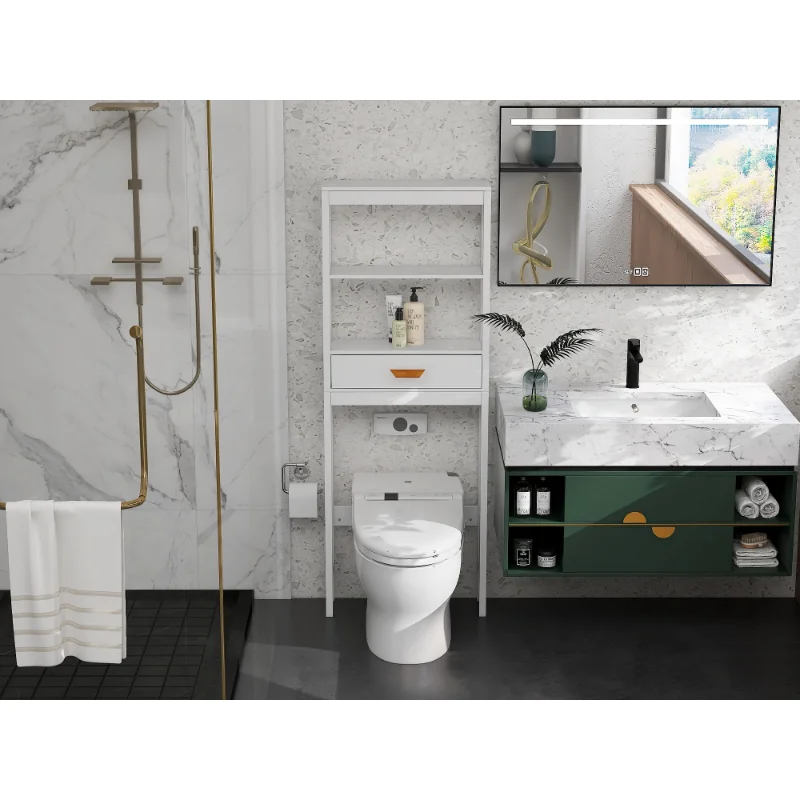 

Toilet Top Locker White with 1 Drawer and 2 Shelves Space Saving Bathroom Rack To Save Bathroom Space Fit Standard Toilet