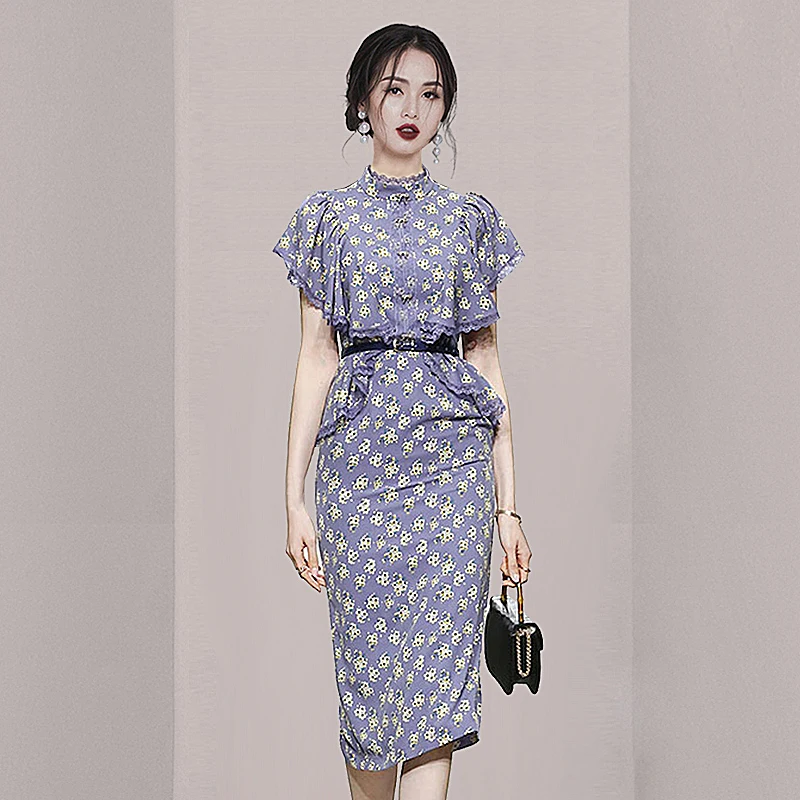 

JSXDHK Fashion Summer Flower Print Pencil Dress 2022 Runway Women Stand Collar Purple Floral Ruffles Chiffon Bodycon Vestidos