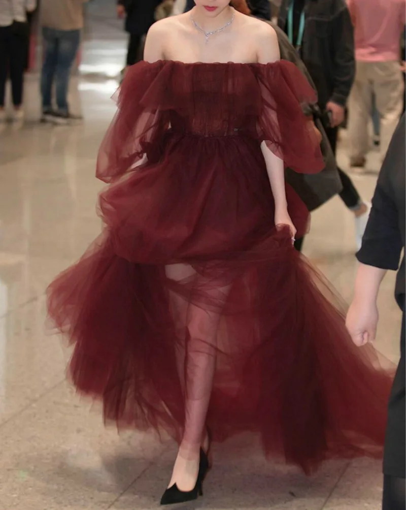 

Party Dress Spring New Arrival 2022 Women Sexy Off Shoulder Long Dress Velvet Spliced Mesh Ruffles Pleated Wine Red Maxi Dress