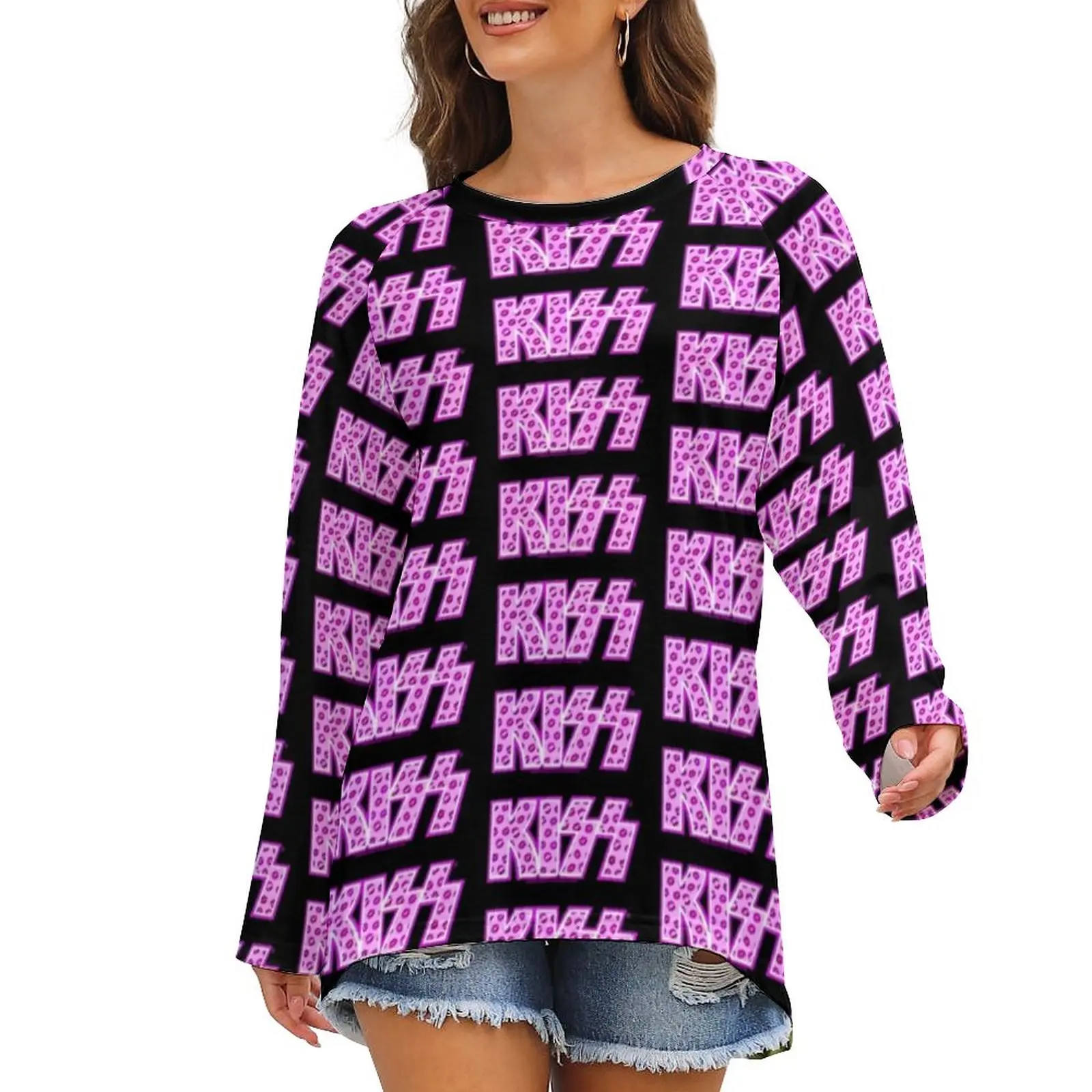 

Kiss Band T-Shirts Pink Kiss Logo Print Simple T Shirt Ladies Long-Sleeve Streetwear Tops Oversize Print Clothing