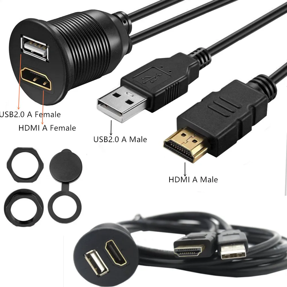 

Car Boat Dash Flush Mount USB A Male To A Female +HDMI A Male To Female Extension Cable Lead Mounting Panel 1M/2M