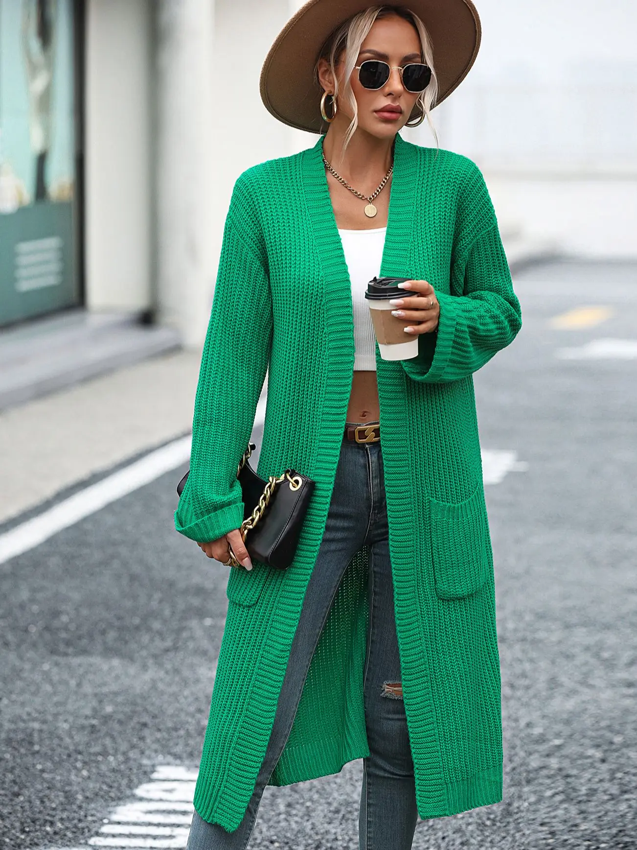 

Autumn/Winter Women's Sweater Solid Color Pockets Acrylic Long Coat Loose Cardigan Elegant Womens Clothing Traf
