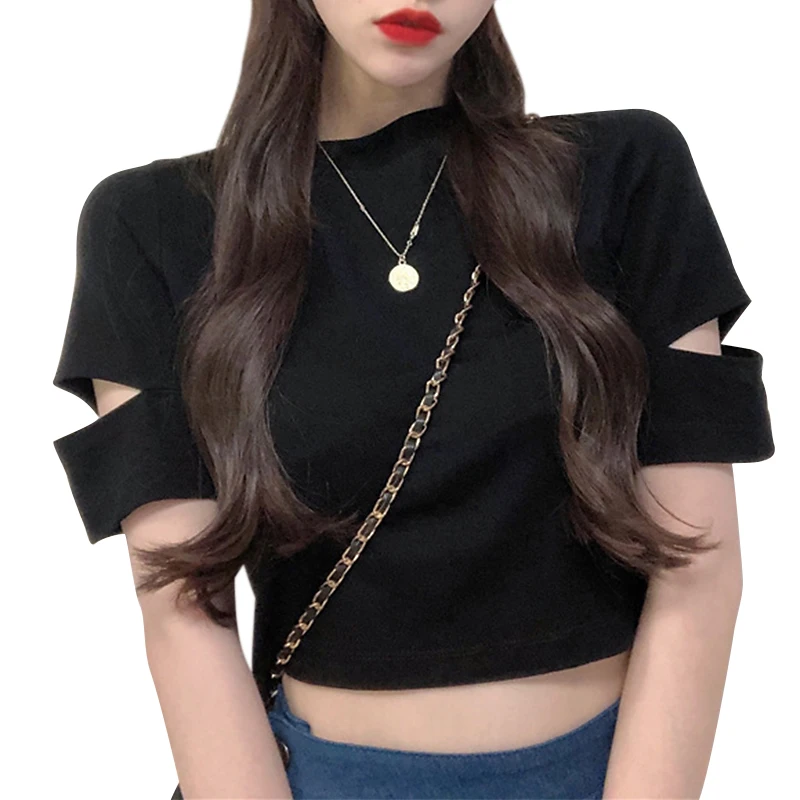 

Kayotuas Women T-Shirt Summer Short Crop Tops Slim Fitness Skinny Ladies Basic Chic Hollow Out Pullover Black White Streetwear