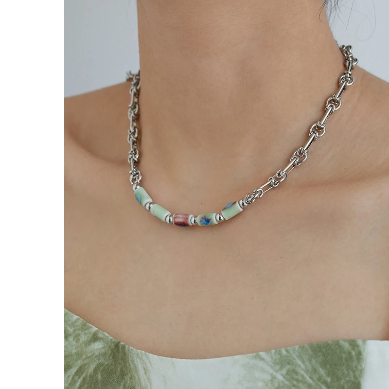 

2022 New Pottery And Porcelain Beaded Brass Necklace For Women Handmade Choker Femme Neck Chain Fashion Jewelry