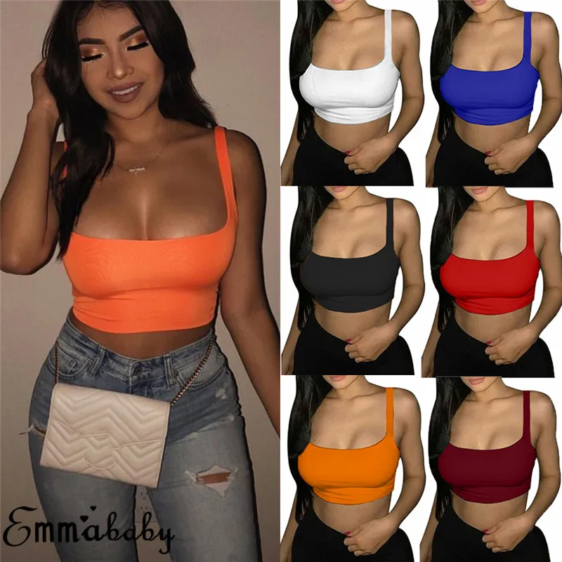 

Women Summer Sexy Slim Sleeveless Tanks Tops Midriff Vest Crop Tops Short Female Tees Solid Color Cropped Tops T Shirts