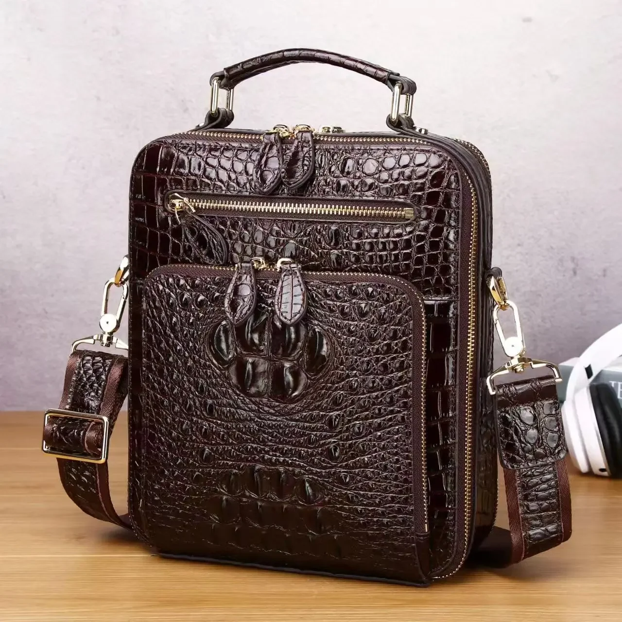 Genuine Leather Shoulder Bag Crocodile Pattern Head Layer Cowhide Handbag Large Capacity Luxury Crossbody Bag Business Bag