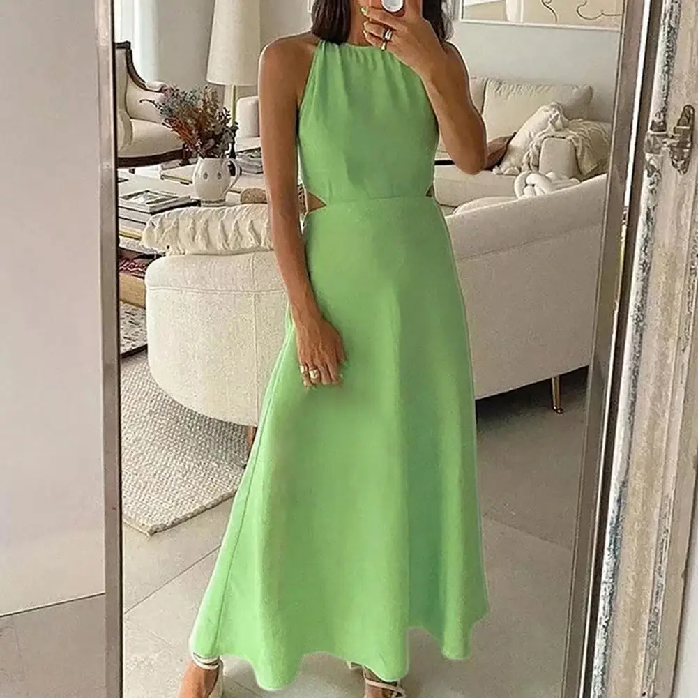 

Women Long Dresses 2022 Summer Halter Neck Sleeveless Solid Color Backless Hollow Out Banquet Dress New Fashion Female Clothes