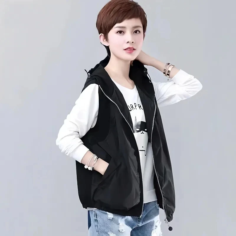 

With Lined 2023 New Black Vests Spring Summer Women's Waistcoat Korean Hooded Zipper Sleeveless Jacket Female Casual Vest Coats