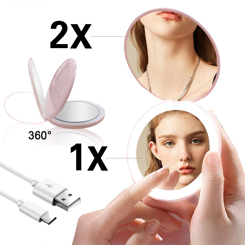 

Mini Portable Foldable Makeup Mirror With Led Light Hand Pocket Grossissant Miroir Rond Pink Compact Travel Small Vanity Mirrors