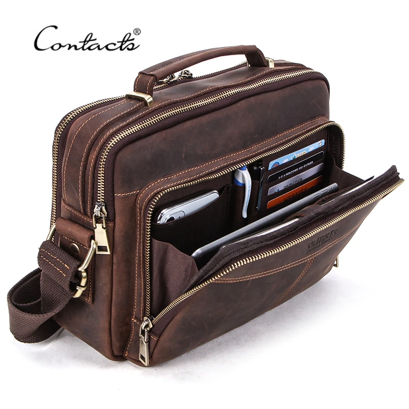 CONTACT'S Crazy Horse Leather Men Messenger Bag Vintage Man Crossbody Bag Handbags Large Capacity Male Shoulder Bags Bolsos