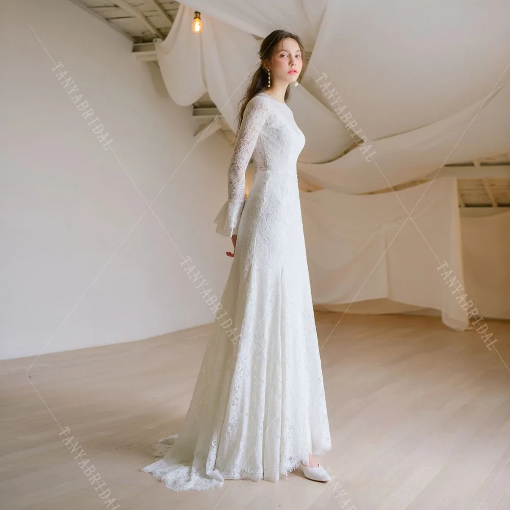 Мягкое кружевное зимнее свадебное платье O Ncek с длинными рукавами и скользящим