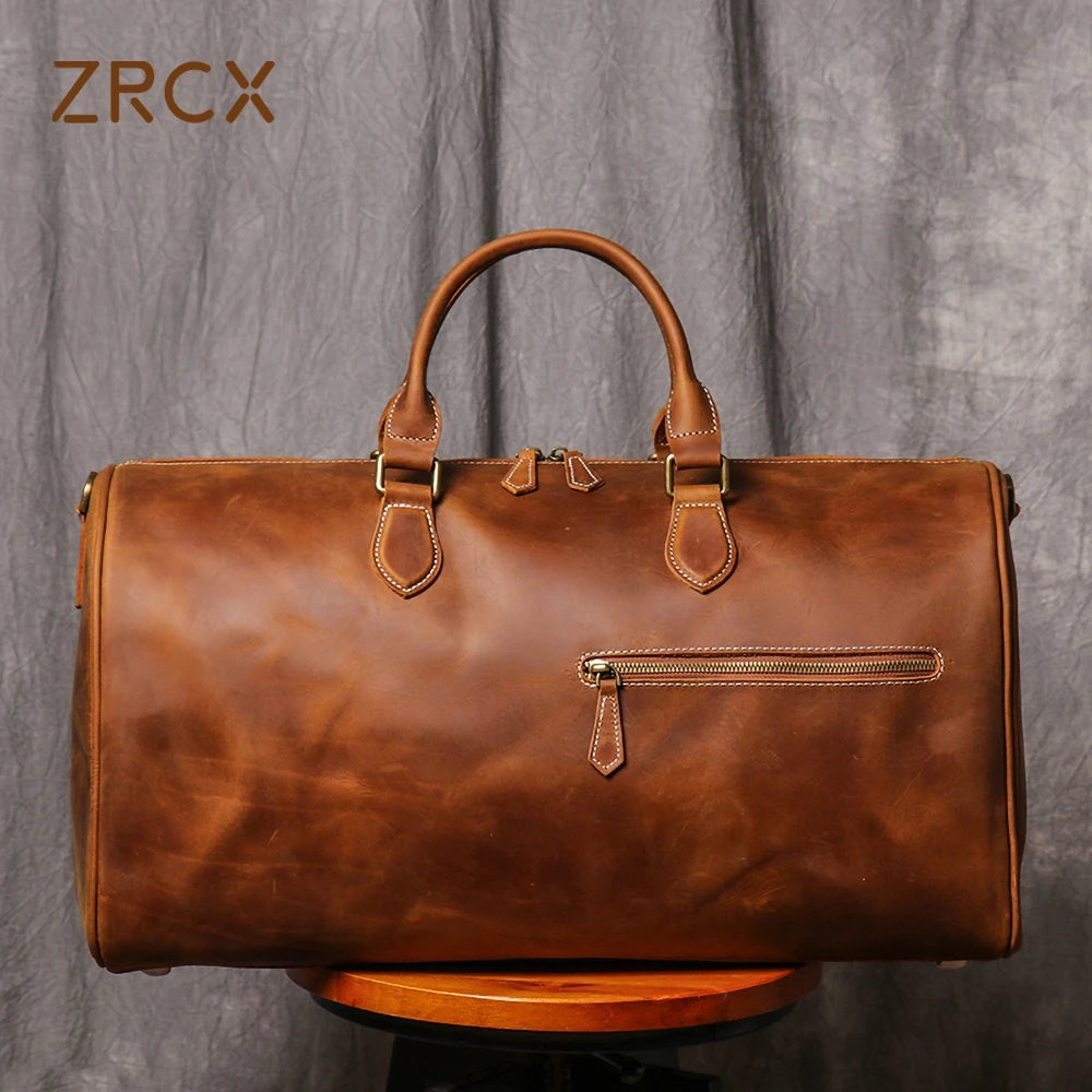 ZRCX Men's Genuine Leather Travel Bags Men's  Natural Cow Skin Overnight Bags Hand Luggage Men Male Weekend Bag Business Man