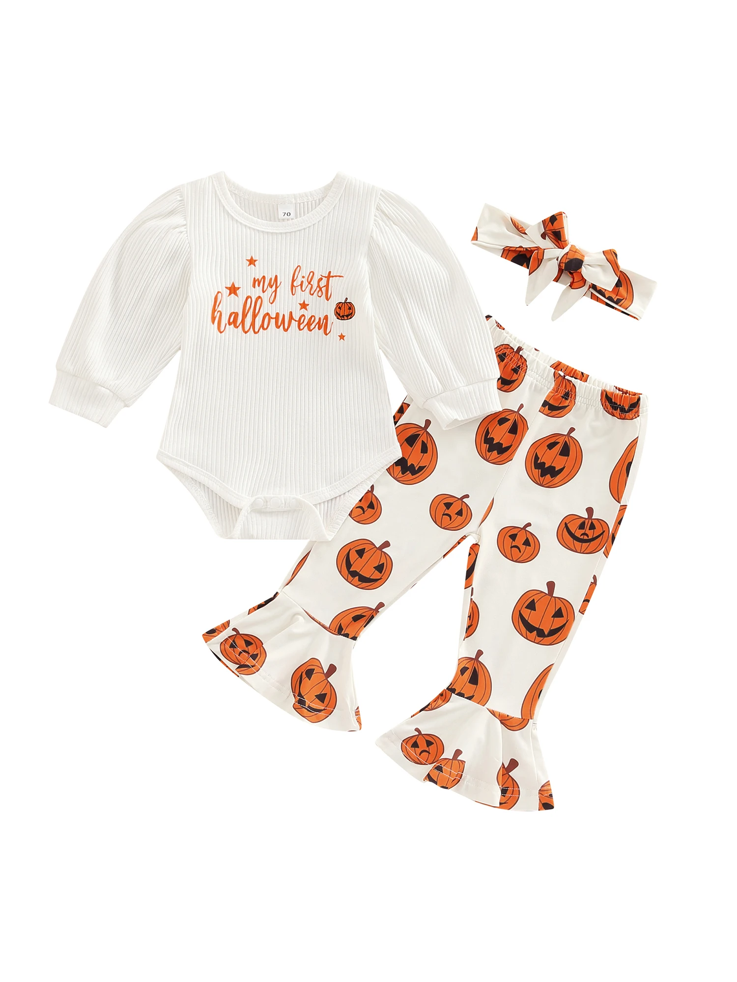 

Костюм на Хэллоуин для маленьких мальчиков, комбинезон с принтом тыквы для новорожденных, полосатые брюки, шапка, осенний наряд, 3 шт.