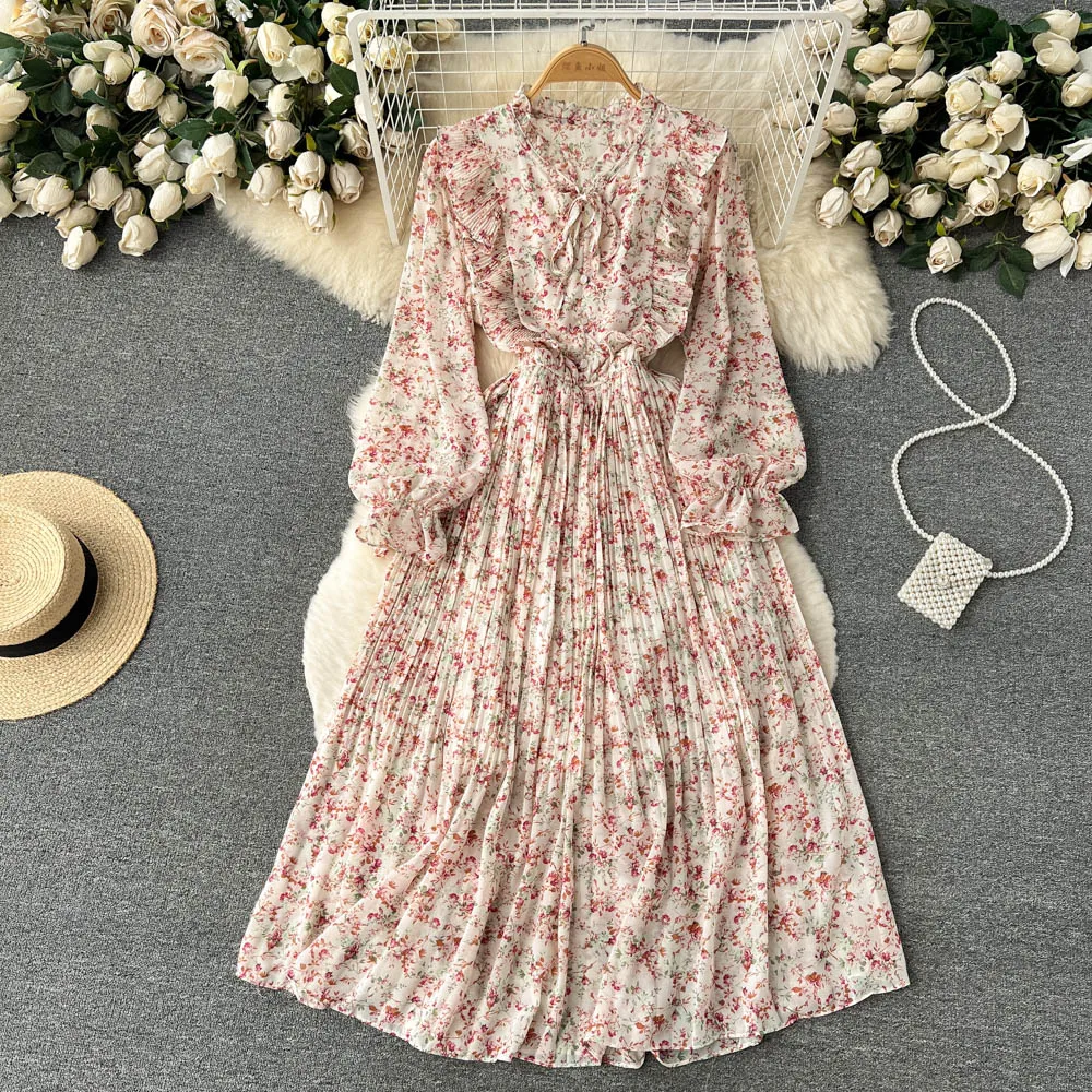 2023 Spring New Fashion French V-neck Long Sleeve Floral Pleated Dress Women's Long Sleeve Casual Clothes Vestidos J303