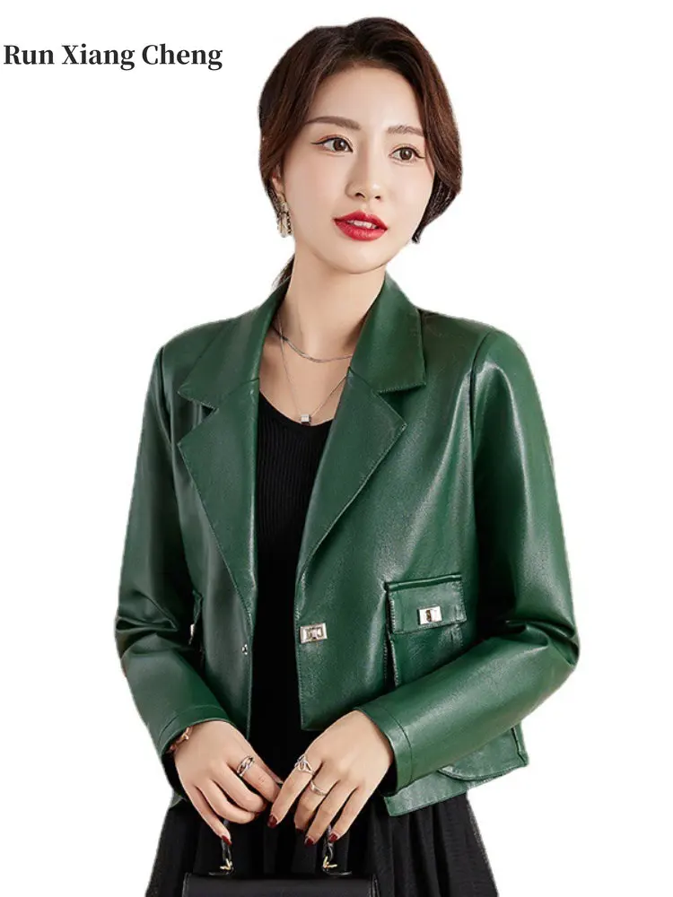 2023 Autumn Short Faux Leather Jacket Women's High-end Korean Slim-fit Overcoat Tailored Collar Elegant Comfy Commuter Style Top