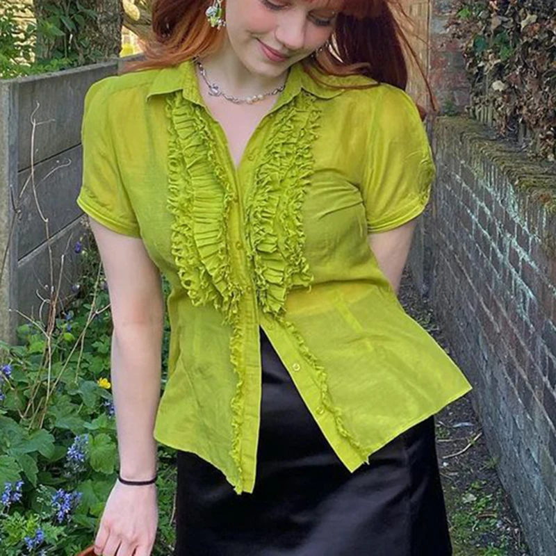 

Летний зеленый кроп-топ с коротким рукавом Y2K, футболка с оборками из сказочного ядра, милые футболки с отложным воротником для девушек, шика...